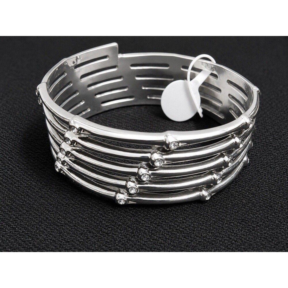 BANGLE BRACELET silver-tone multi-layered With Small Rhinestones Y2K Boho